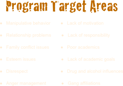  Program Target Areas

●   Manipulative behavior        ●   Lack of motivation

●   Relationship problems        ●   Lack of responsibility

●   Family conflict issues         ●   Poor academics

●   Esteem issues                    ●   Lack of academic goals

●   Disrespect                          ●   Drug and alcohol influences

●   Anger management            ●   Gang affiliations